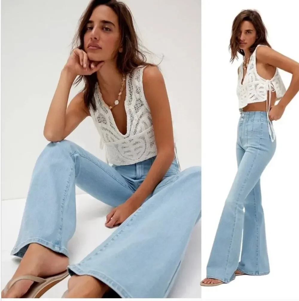 Free People We The Free Jayde Flare Jeans Light Wash Washed Out size 32 14